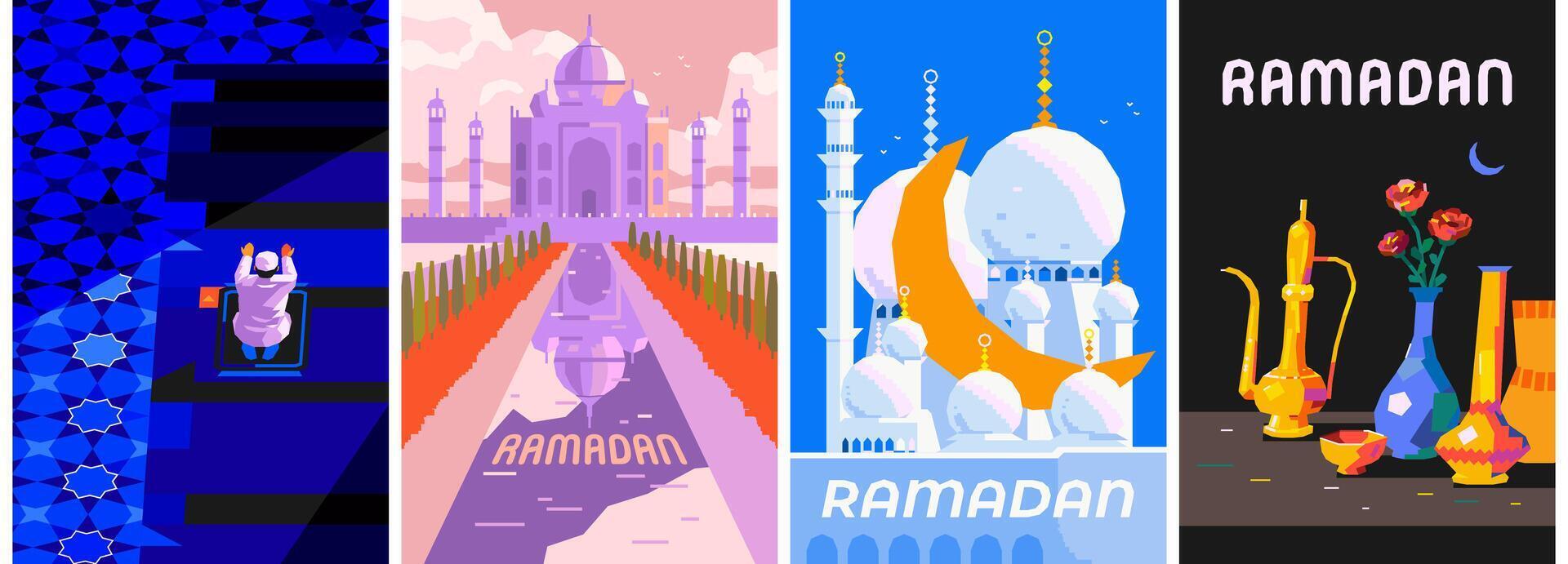 Ramadan Kareem Set of posters, cards, holiday covers. Modern design with pattern, mosque, moon, still life of kumgan, vases and flowers, muslim man praying. Flat style vector illustration