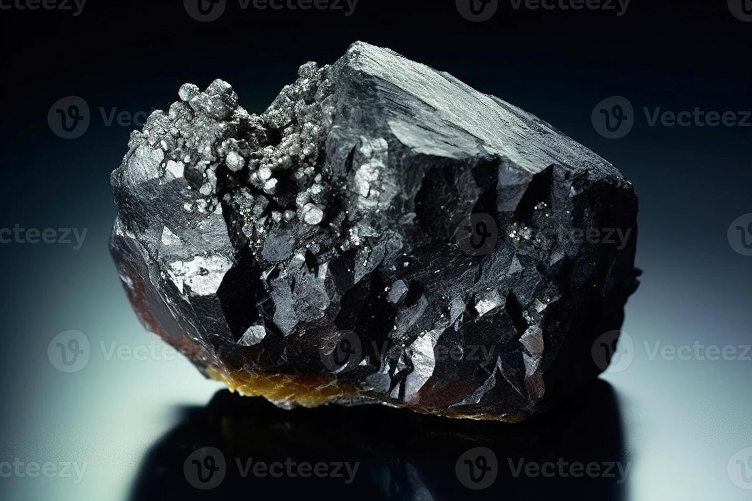 AI generated Ferberite is a rare precious natural stone on a black background. AI generated. Header banner mockup with space. photo