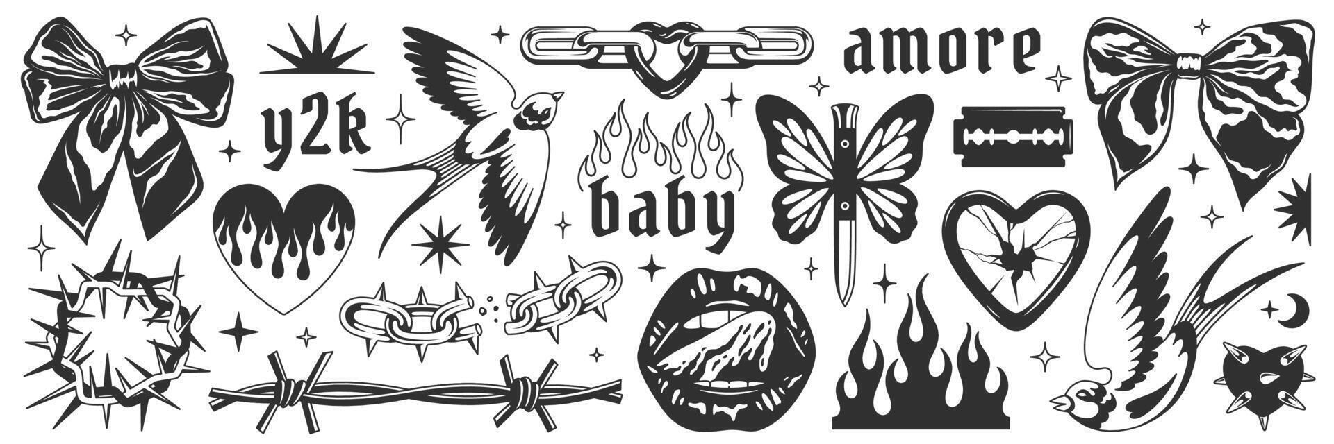Y2k symbols, goth chain, heart, flame, bow, mouth, butterfly knife, mouth, blackthorn, blade, broken mirror. Y2k aesthetic set. Tattoo art signs of 2000s style. Vector tattoo line modern stickers.
