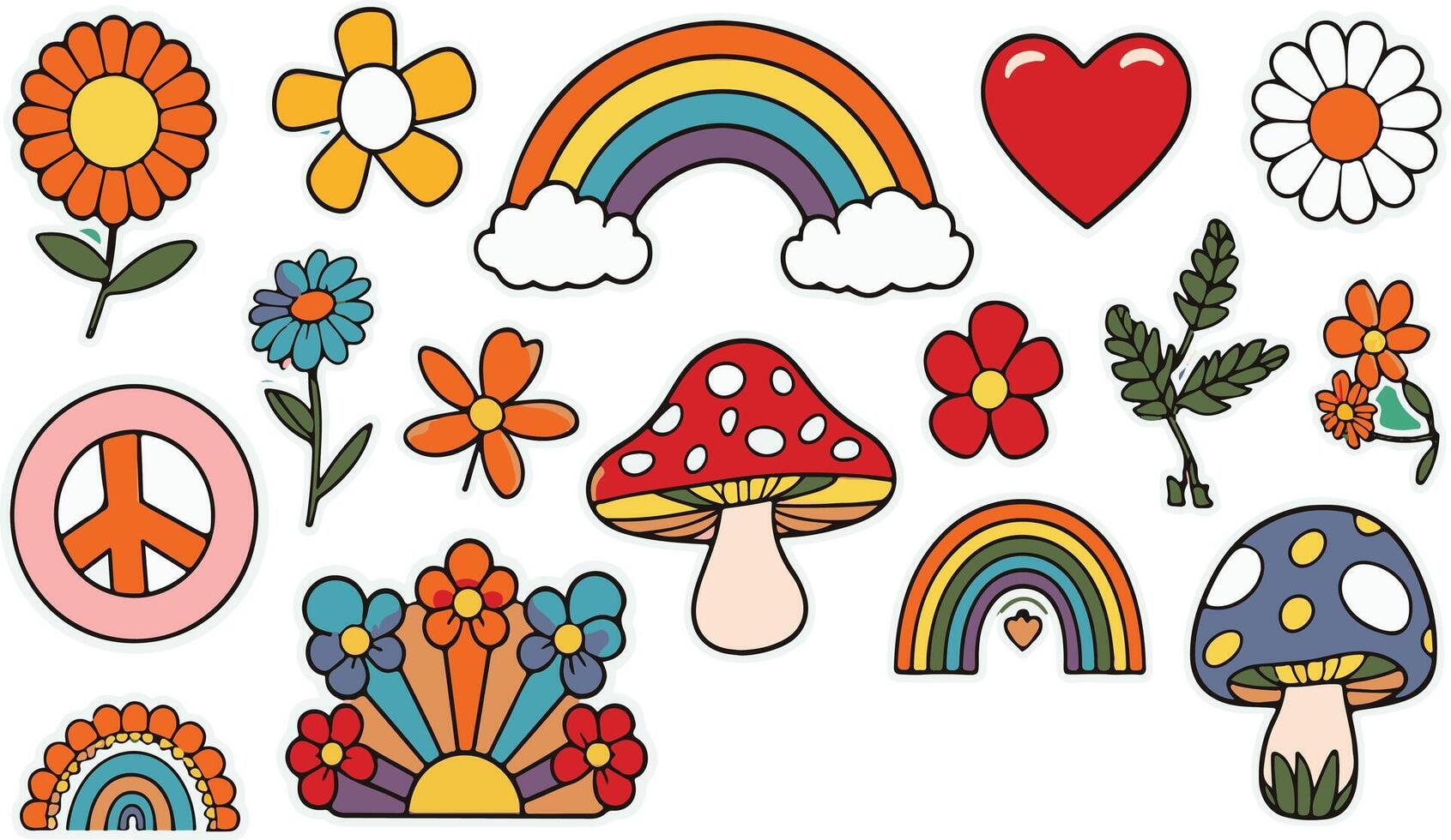 A set of hipster retro rainbow psychedelic elements a collection of groovycool cliparts from the 70s vector