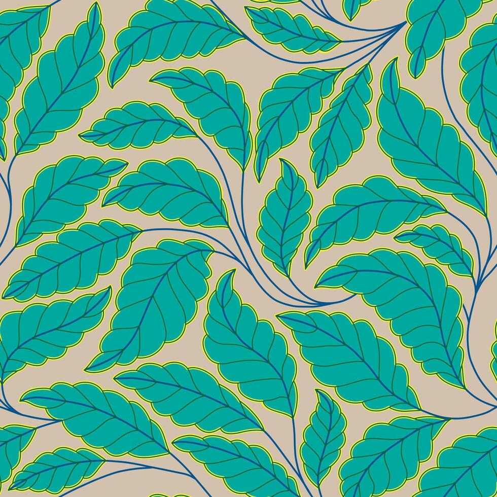 Floral seamless pattern with stylized branches and leaves. Curved lines Branches Leaves. Green color e beige background. vector