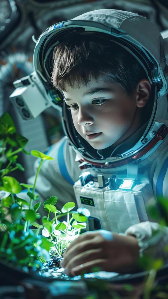 AI generated A young astronaut boy studying plant growth in zero gravity inside a spaceship photo