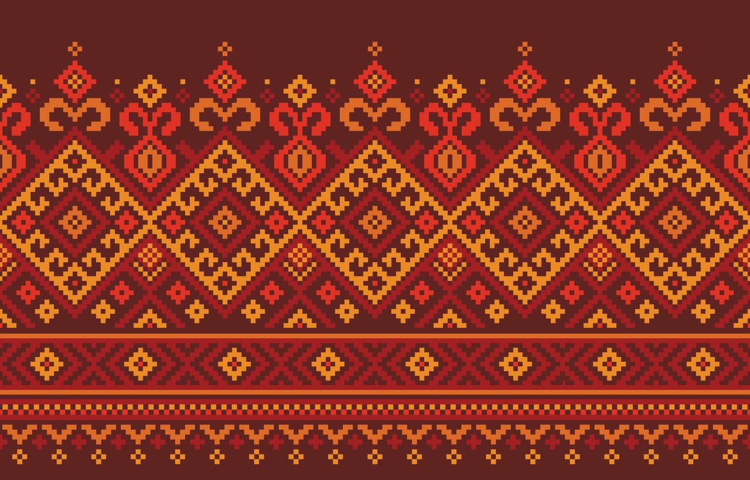 Colorful ethnic pattern with squares, triangles, and diamonds on a brown background.Design for Embroidery,Print,Saree,Patola,Sari,Dupatta,Pixel. vector