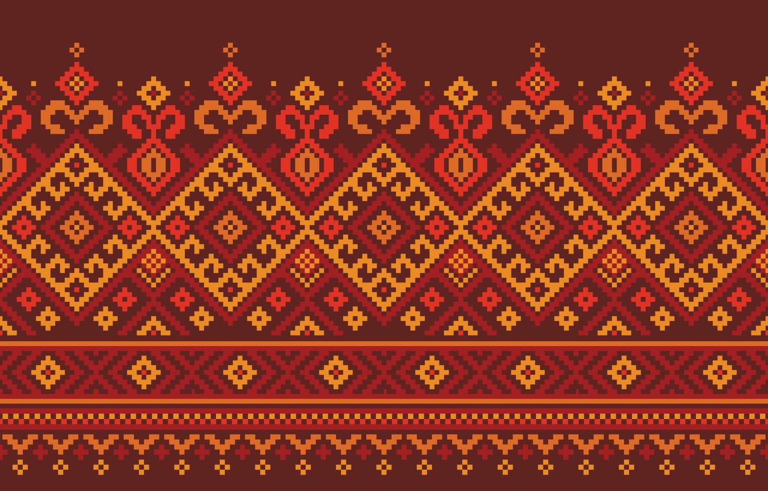 Colorful ethnic pattern with squares, triangles, and diamonds on a brown background.Design for Embroidery,Print,Saree,Patola,Sari,Dupatta,Pixel. vector