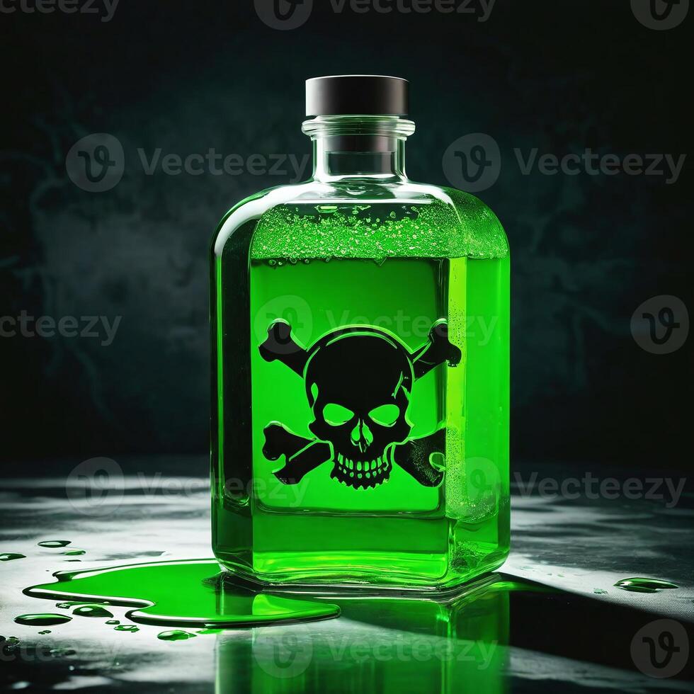 AI generated Hazardous vibrant green liquid spills, reflecting skull and crossbones warning symbol etched on the glass container photo