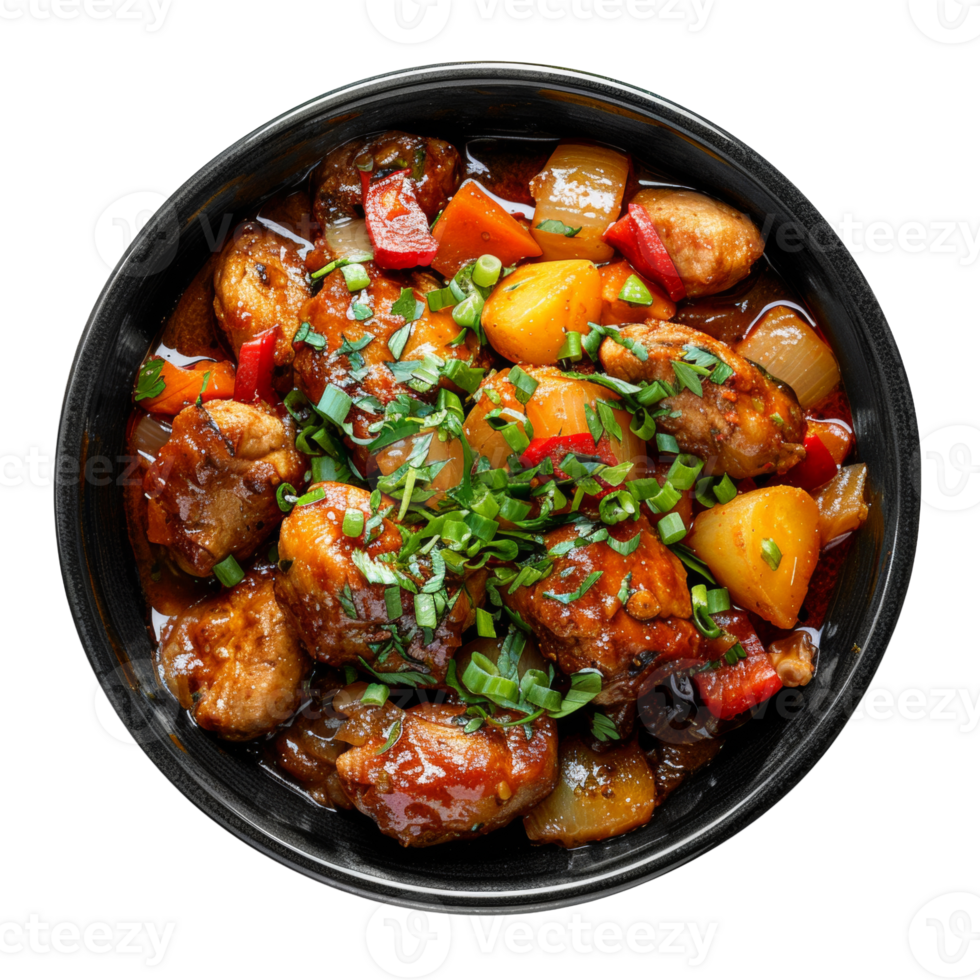 AI generated Moroccan Tagine. Spicy chicken with bell peppers and olives in a savory stew on transparent background - stock png. png