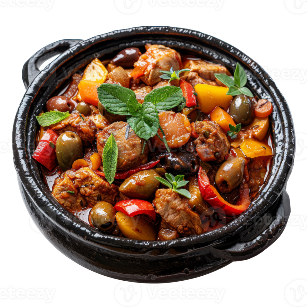 AI generated Moroccan Tagine. Herb-infused chicken stew with colorful vegetables and olives on transparent background - stock png. png