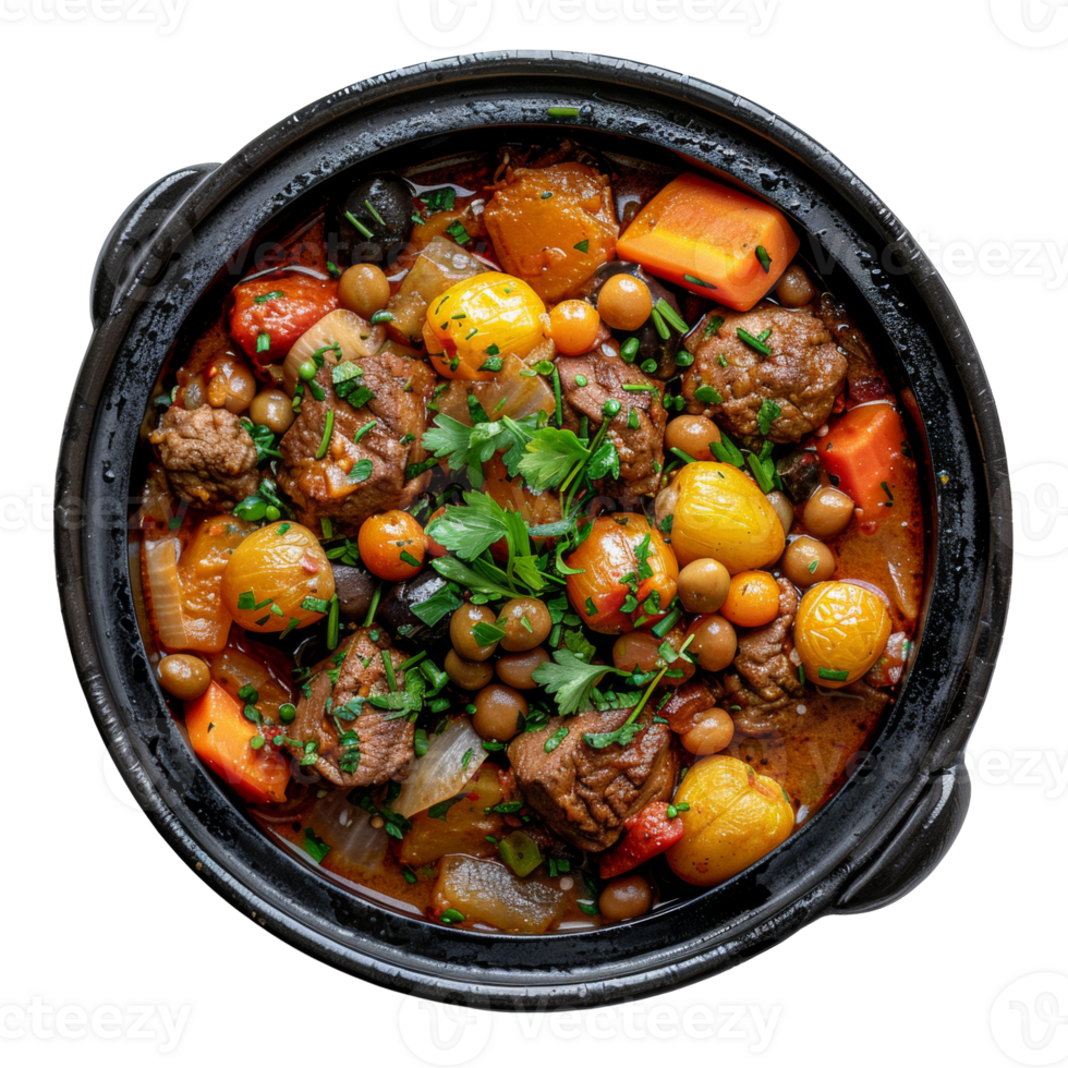 AI generated Moroccan Tagine. Spicy chicken with bell peppers and olives in a savory stew on transparent background - stock png. png