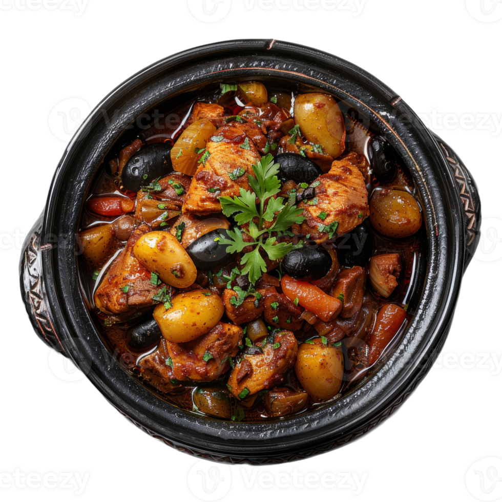 AI generated Moroccan Tagine. Herb-infused chicken stew with colorful vegetables and olives on transparent background - stock png. png