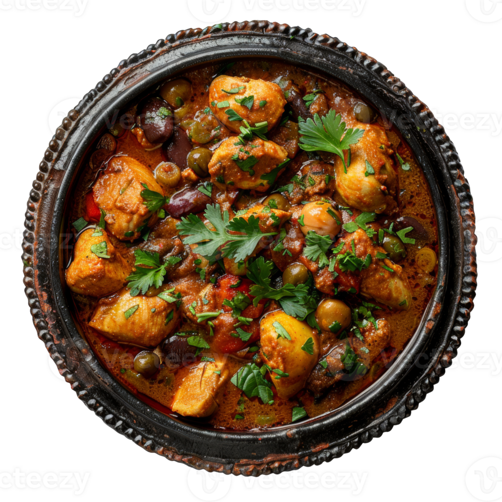 AI generated Moroccan Tagine. Spicy chicken with bell peppers and olives in a savory stew on transparent background - stock png. png