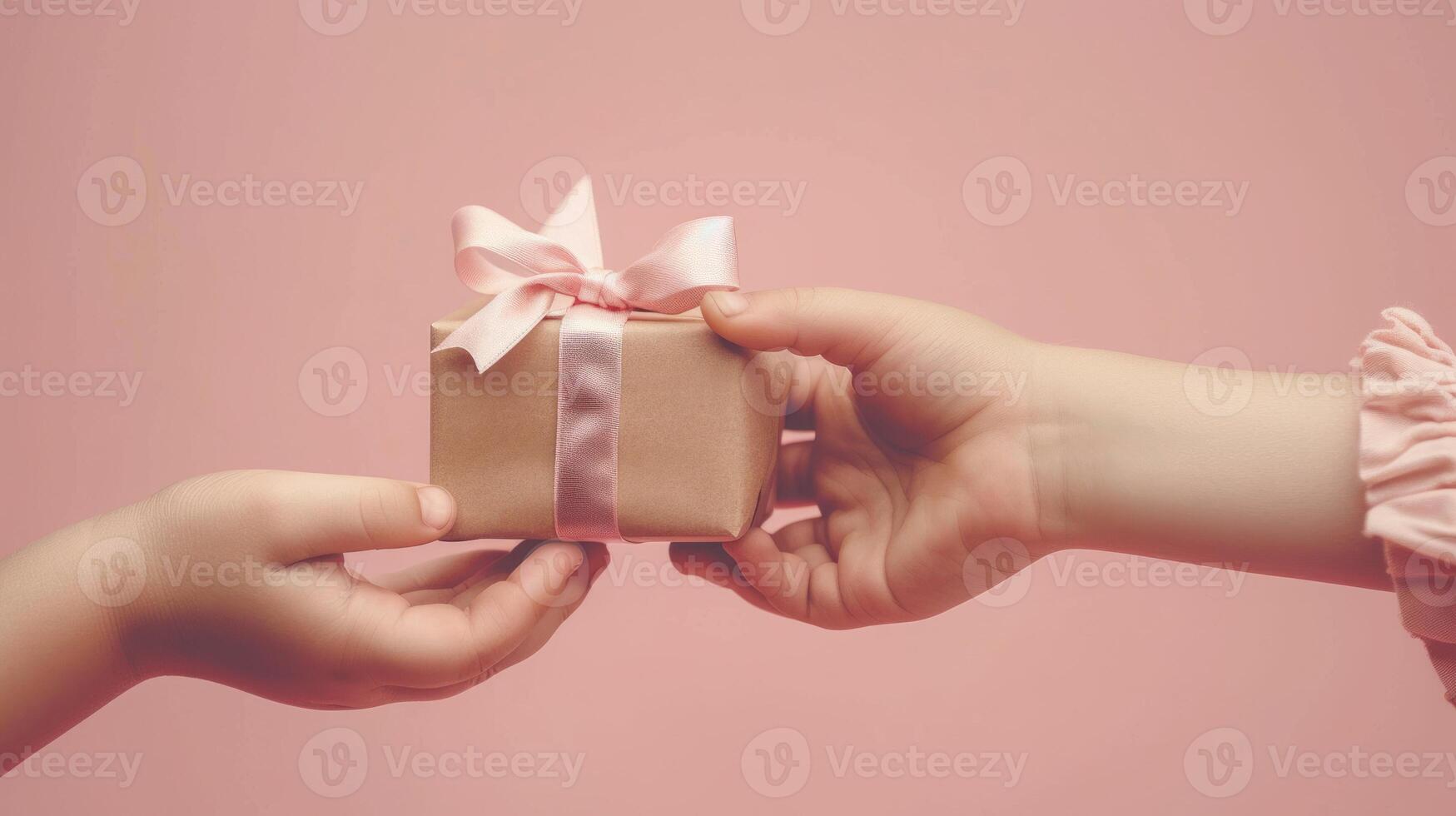 AI generated Portrait of Hand child giving present isolated on soft pink background photo