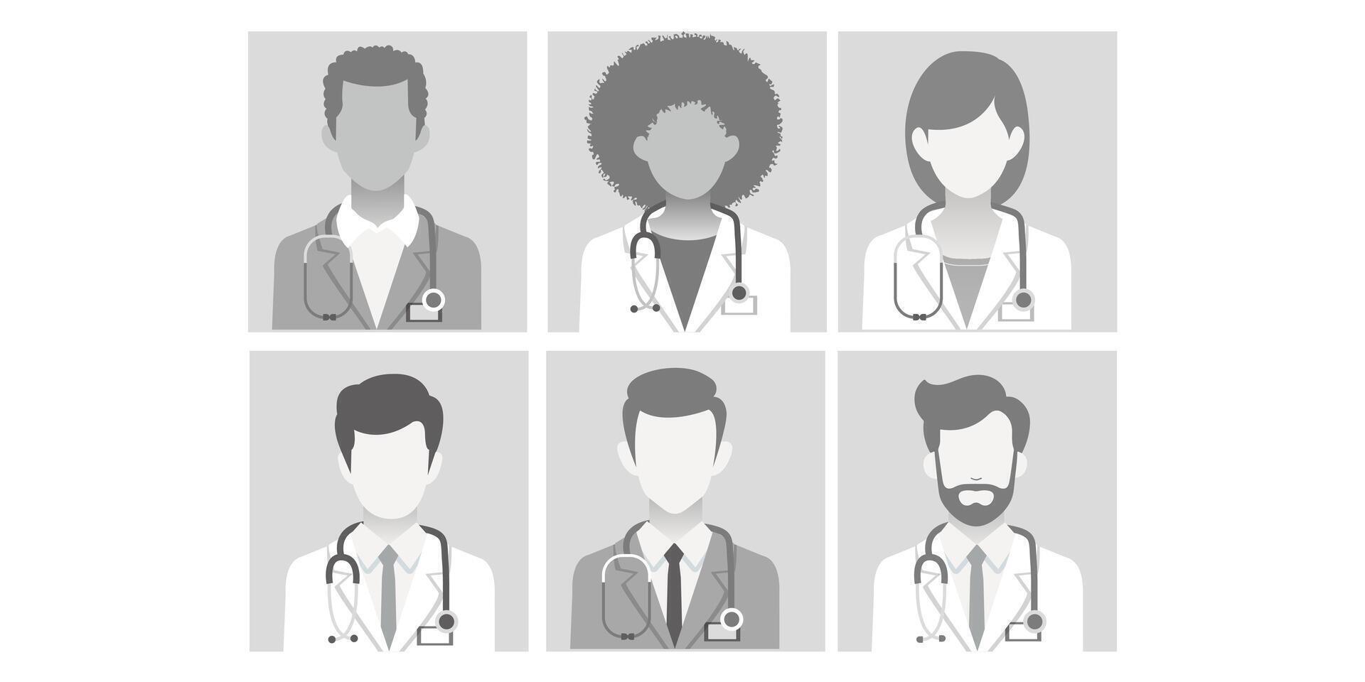 Default placeholder doctor portrait photo avatar on Gray Background. Greyscale silhouettes profile picture for unknown or anonymous individuals. Vector illustration Isolated On background