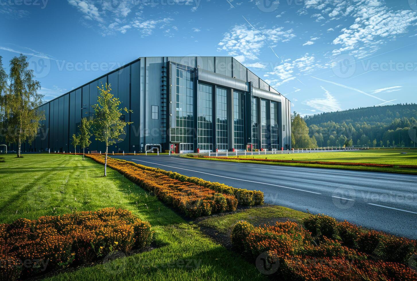 ai generado exterior de moderno fábrica edificio con oficina edificios y Camas de flores foto