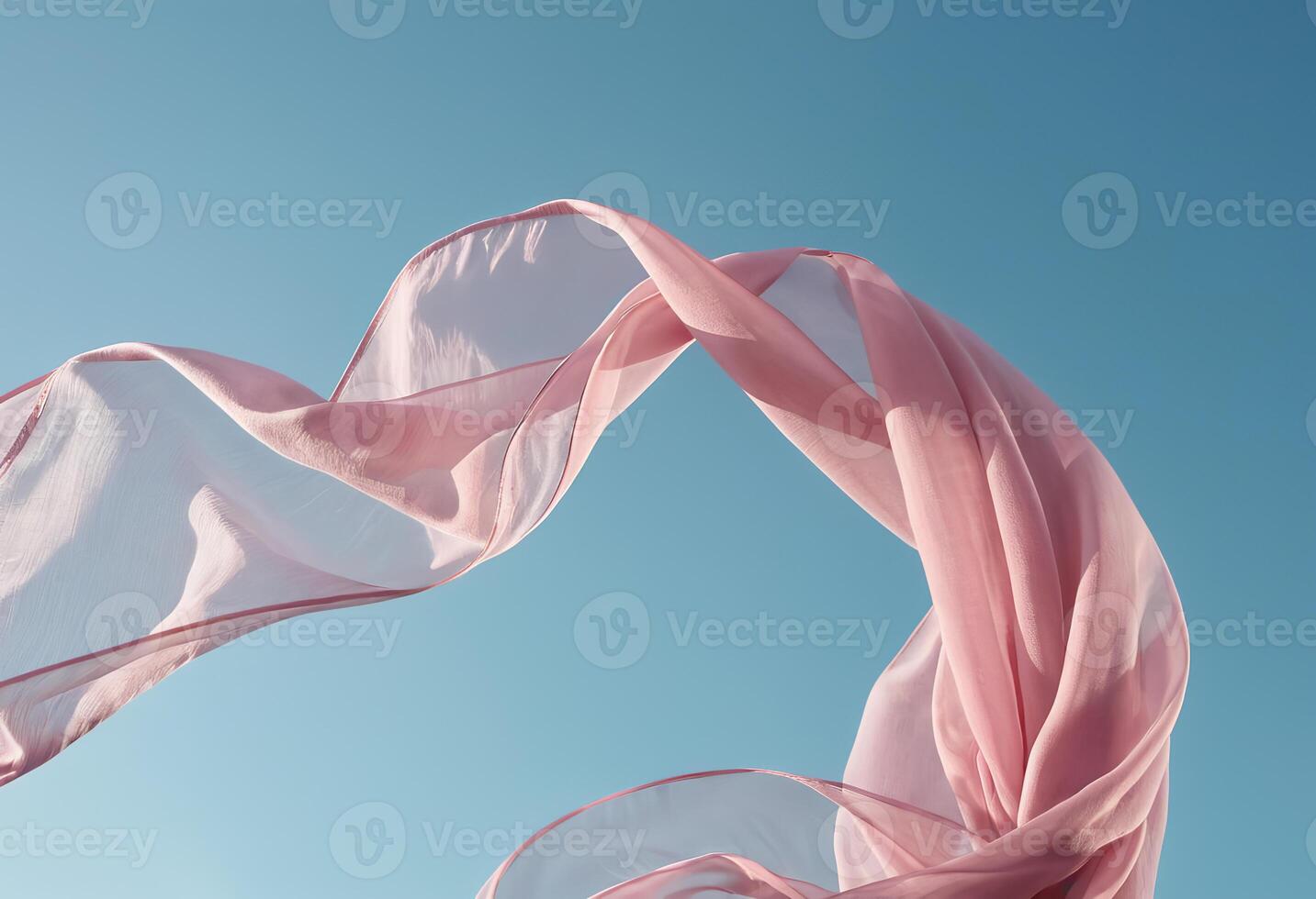 AI generated Flying pink fabric wave on blue sky background and illuminated by sunlight photo