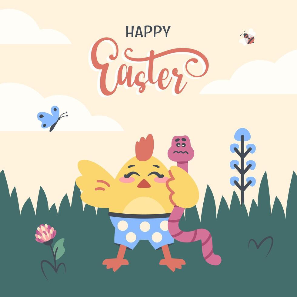 Easter card. Cute funny chick with wishes. Cartoon Little bird holding pink earthworm. Spring Poster with fresh grass, flower, bee, butterfly. Holiday letterig. Hand drawn illustration. Vector