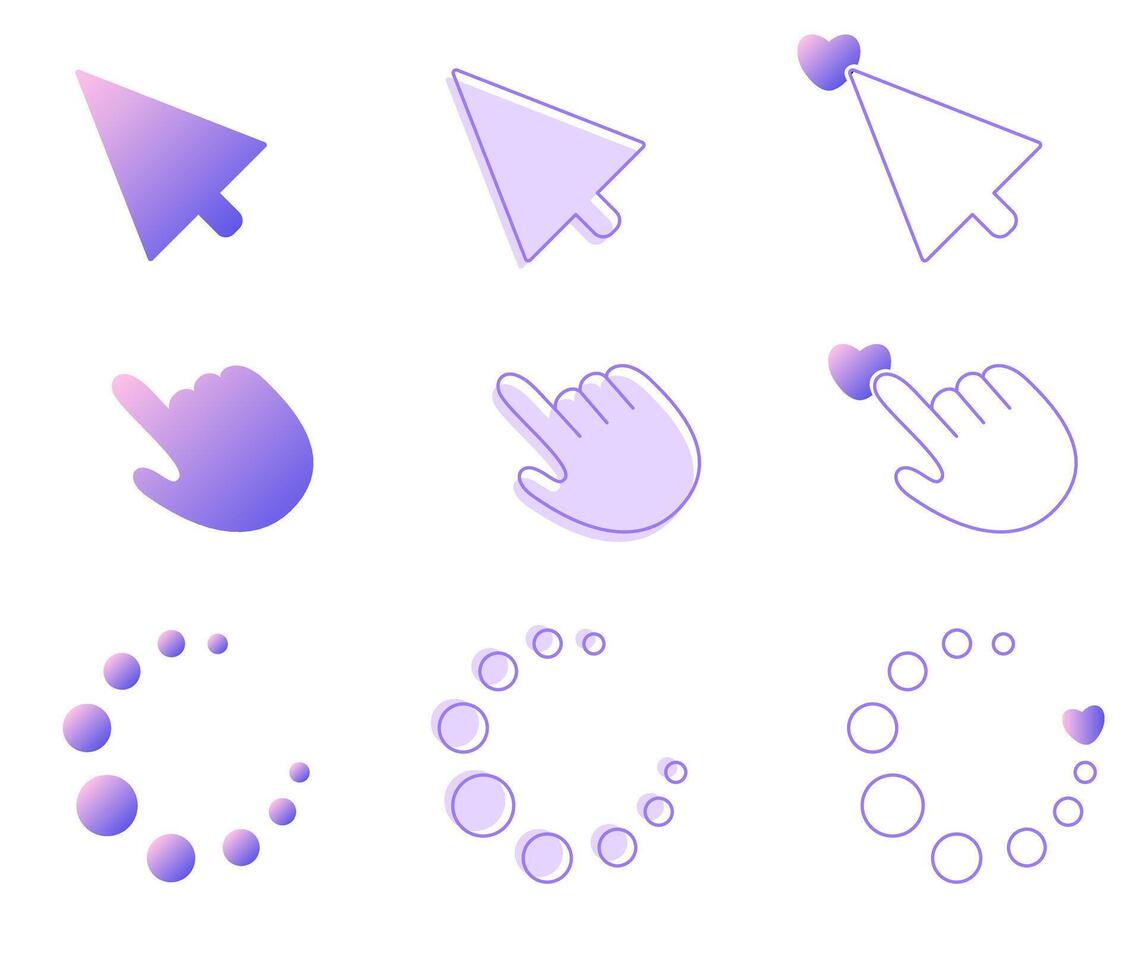Colored vector set with various cursor and loading icons. Icons in one color and gradient