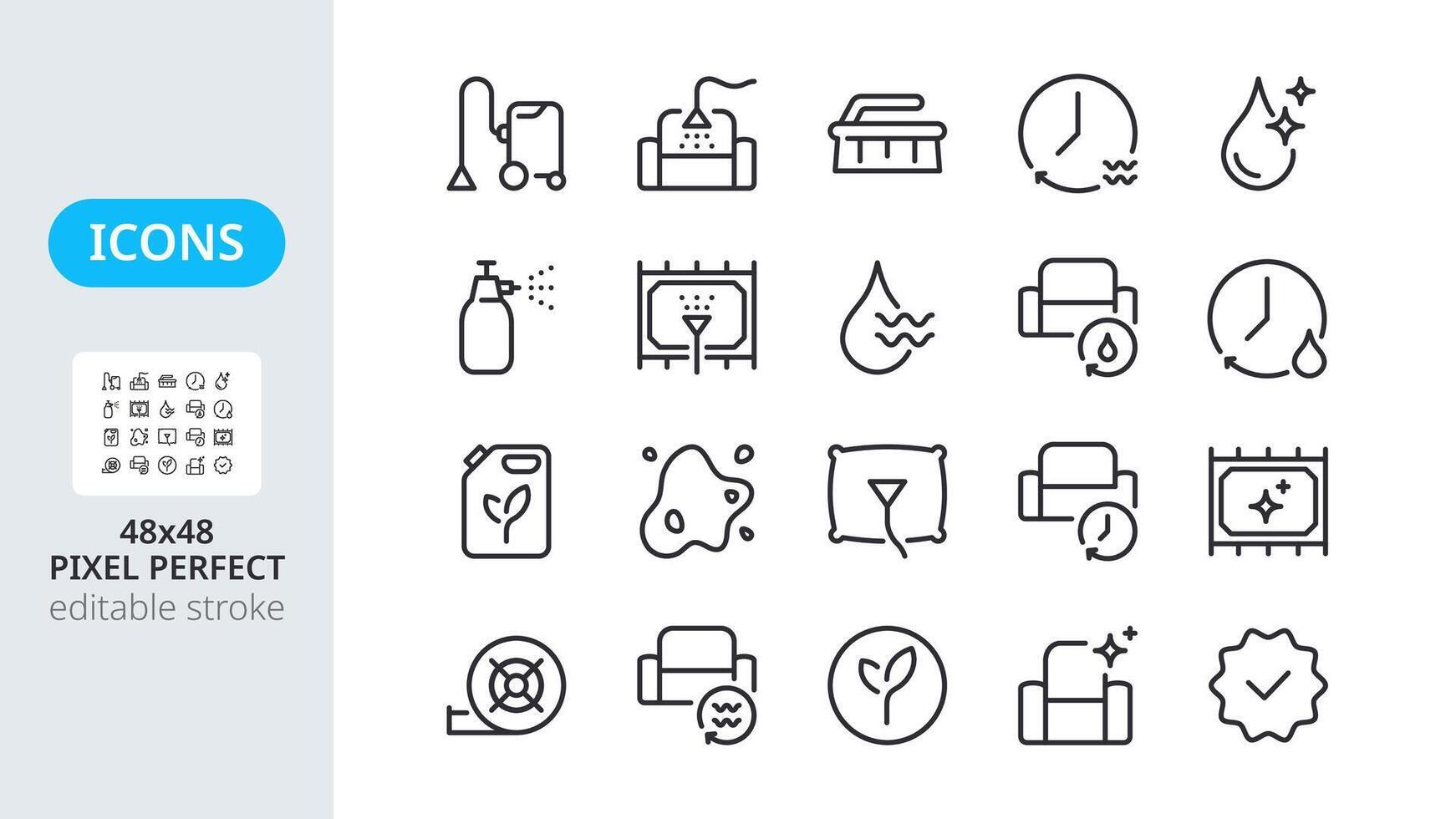 Furniture upholstery dry cleaning icons. Home hygiene. Sofa, armchair and pillow with spray extractor machine. Linear icons with editable outline. Pixel perfect 48x48. vector