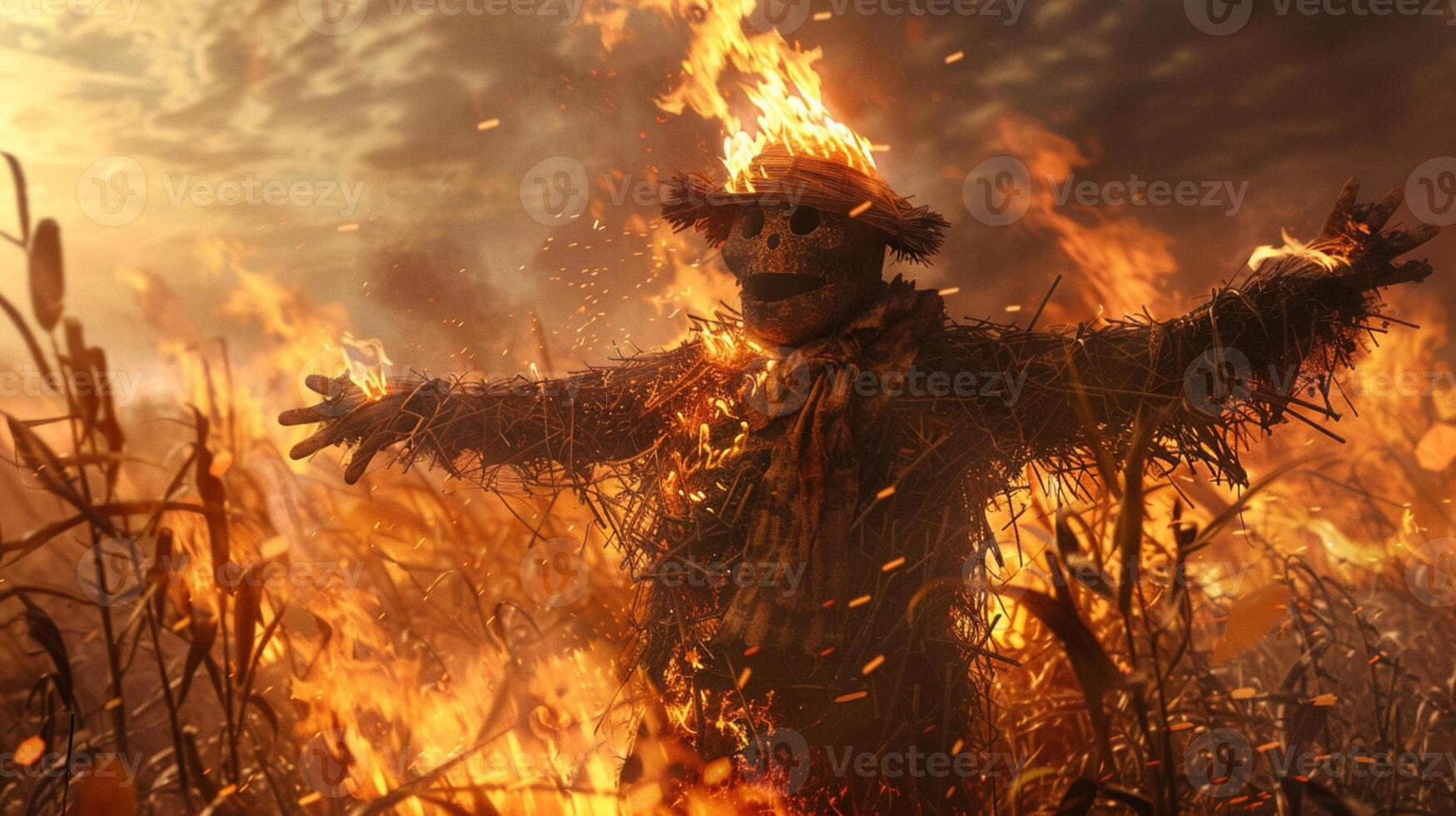 AI Generated The scarecrow is on fire, concept of emotional burnout photo