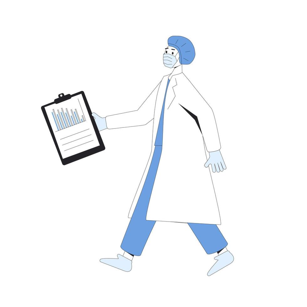 Young biotechology scientist. Male character going with his new project results isolated on a white background. Researcher with innovation experiment report. Intern or student of biotech. Vector. vector