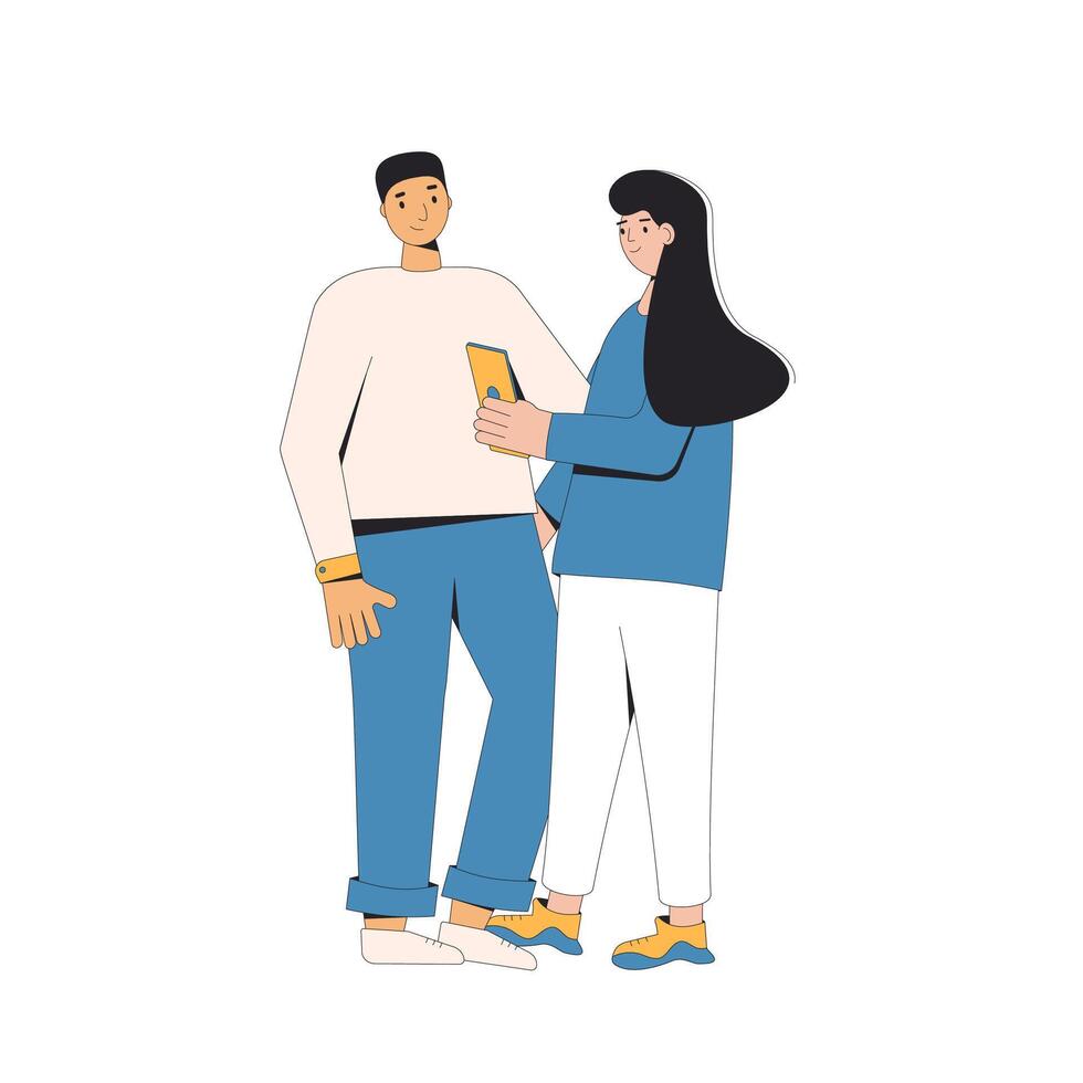 Two teenagers standing together. Young male and female friends wearing in casual clothes. Pair standing and hugging each other with phone. Vector line illustration.