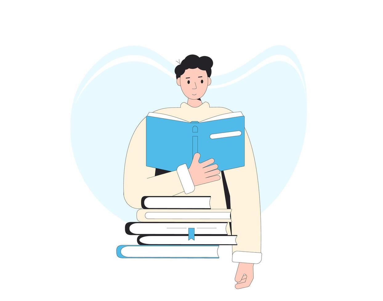 Teenage boy portrait with stack of books isolated on white background. Literature fan. Books lover. Young man reading a teaxtbook. Male student holding manual, schoolbook. vector