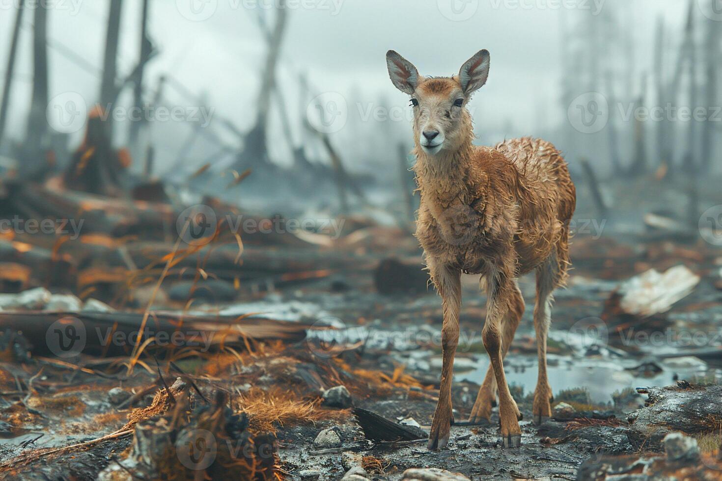 AI generated Wildlife struggling to survive in a degraded environment, highlighting the threat of extinction. Future ecology problem concept photo