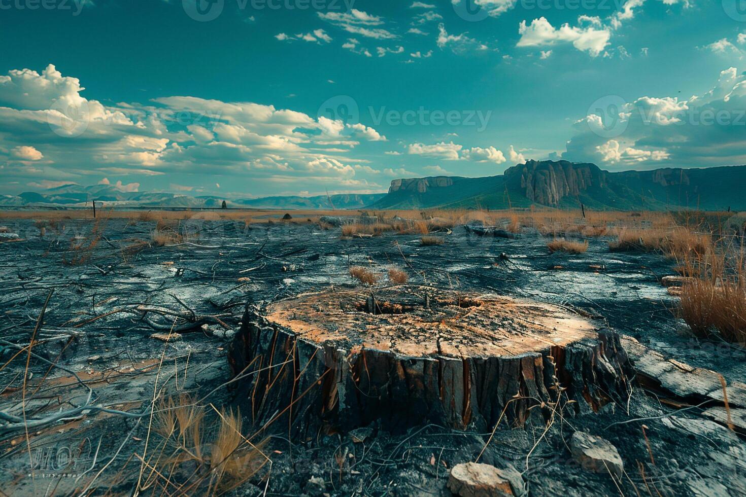 AI generated Deforestation aftermath with barren landscape stretching far and wide photo