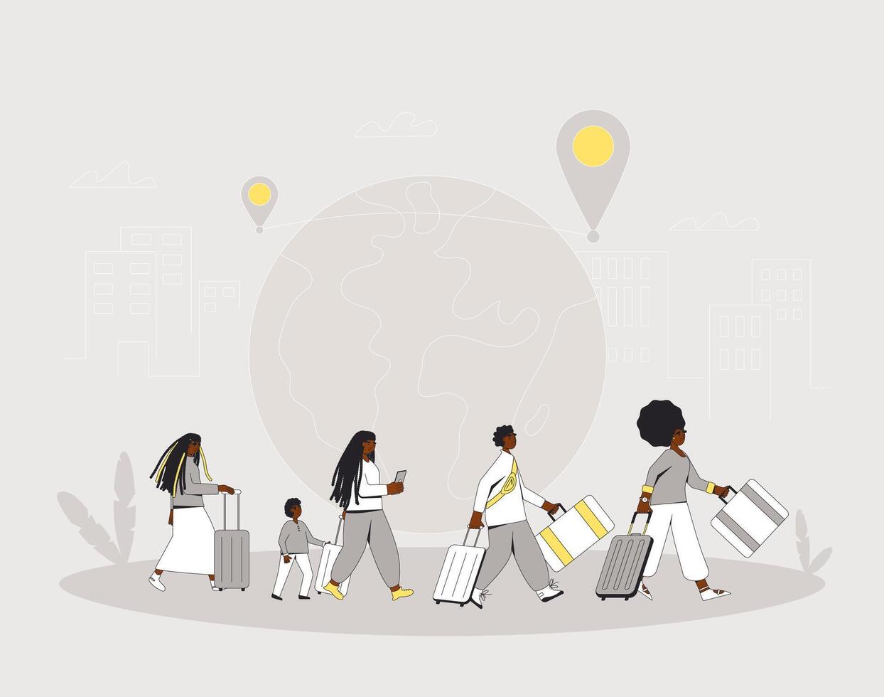 Family migration. Group of people with bags and suitcases. vector