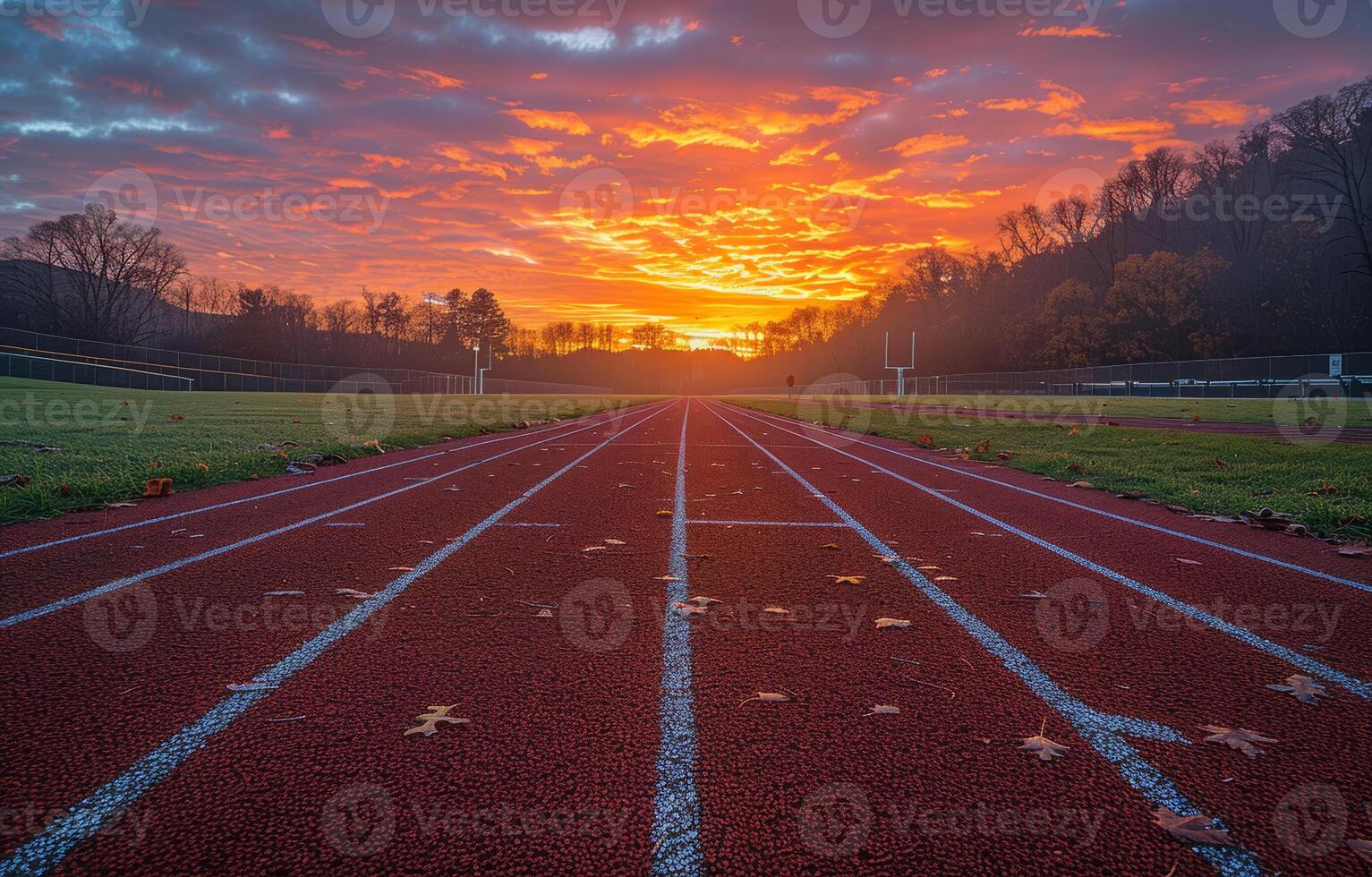 AI generated Track and field at sunset. A sunset on a track at nittany lions football stadium photo