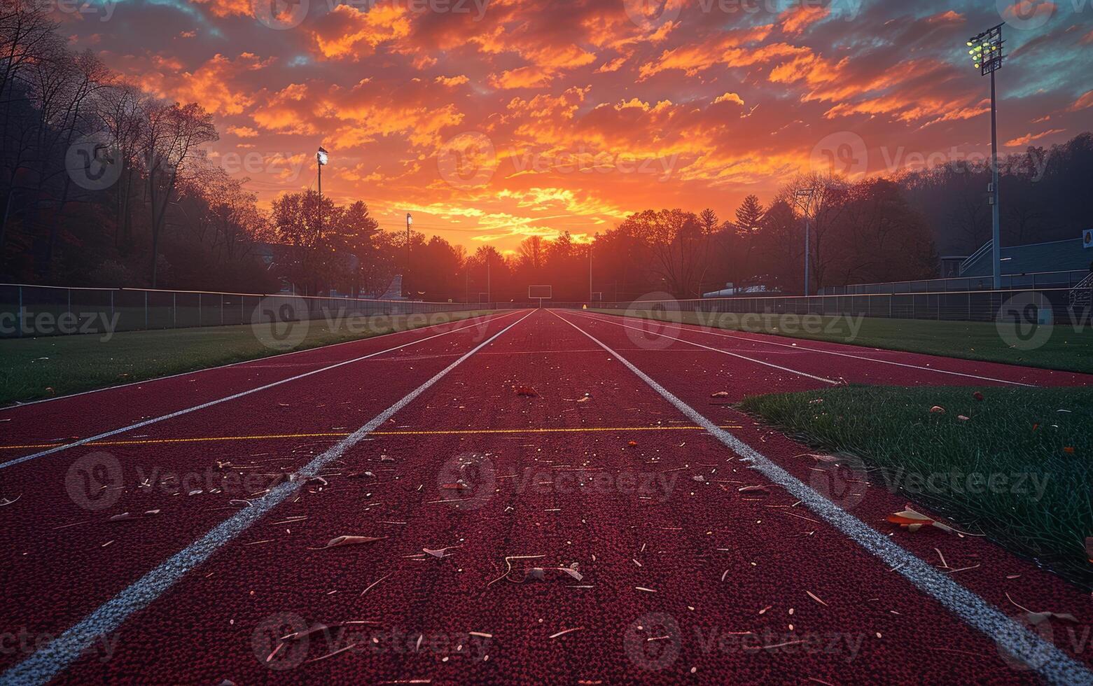 ai generado pista y campo a puesta de sol. un puesta de sol en un pista a nittany leones fútbol americano estadio foto