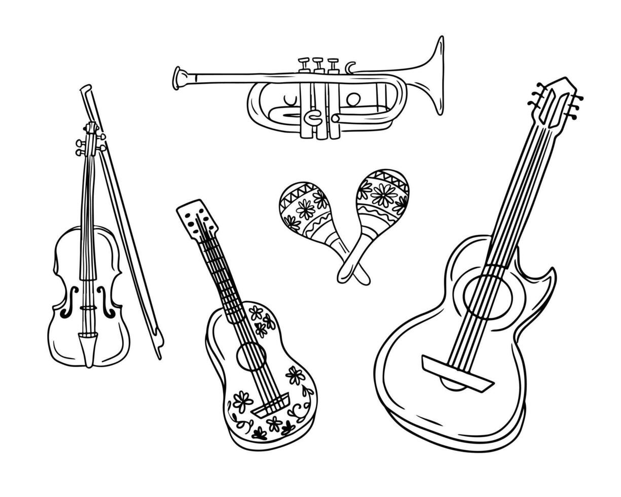 garabatear conjunto de mariachiano musical instrumentos vector negro contorno dibujos en blanco antecedentes. ideal para decoración, colorante páginas, pegatinas, tatuaje, modelo