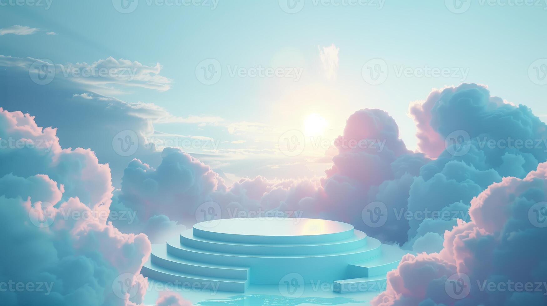 AI generated Abstract 3D podium design in blue and pink with cloud motifs. The scene is for prodact presentation. Generated by artificial intelligence. photo