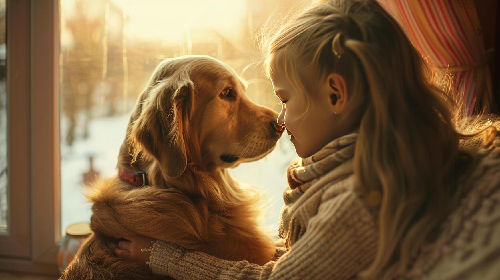 ai generado un joven niño niña permanecer hogar con su animal perro mejor amigo mascota. foto