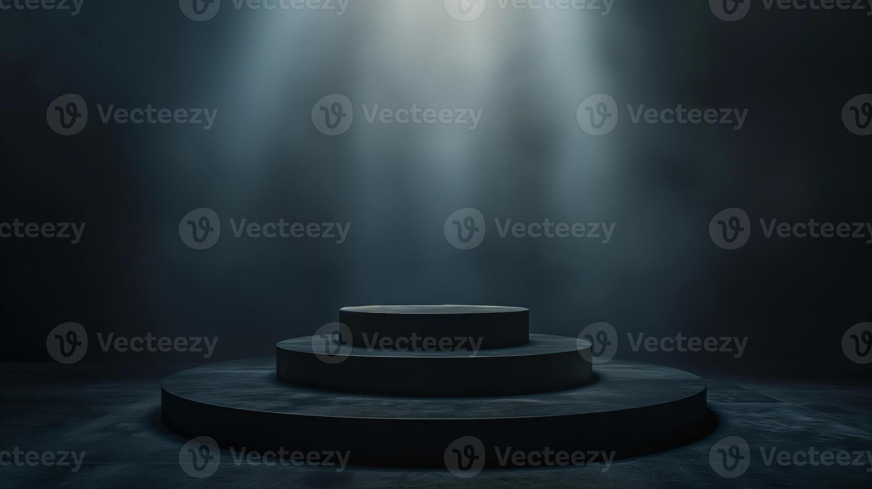 AI generated Dark background with a soft spotligth en the center, a minimalist podium in the center, front side view. Generated by artificial intelligence. photo