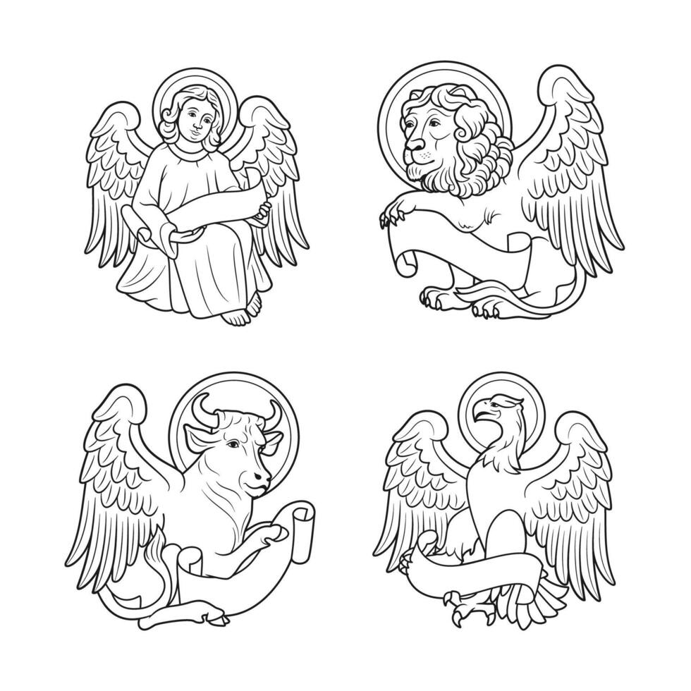 Winged Tetramorph Icons of the Four Evangelists, human, lion, bull, eagle, Vector Illustration Monochrome Outline