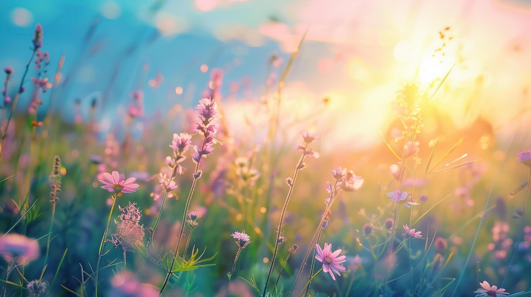 AI generated Beautiful summer landscape flowering grass on green meadow at sunrise with beautiful blue sky. photo