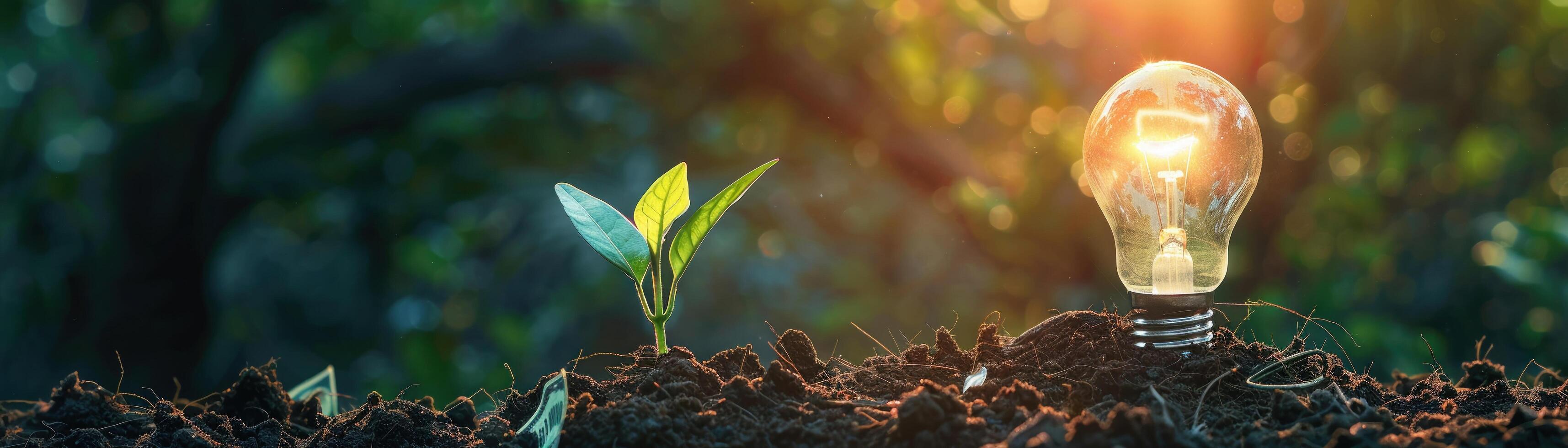 AI generated A light bulb on soil with young plant growing on money stack. saving finance and energy concept. photo