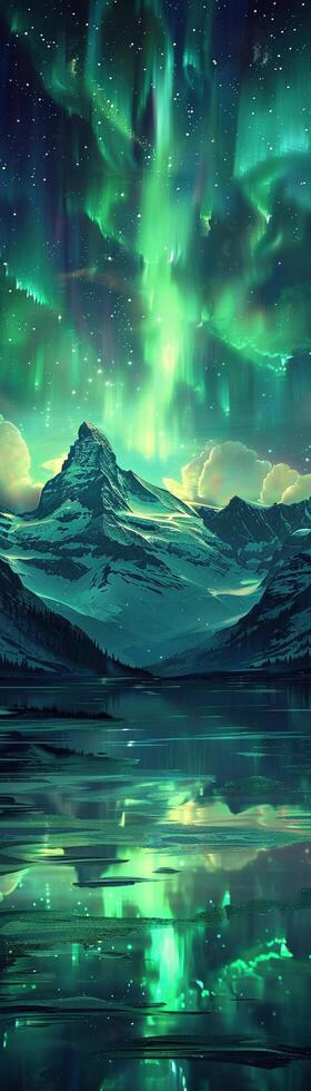 AI generated Green northern lights above mountains.Night winter landscape with aurora and reflection on the water surface. photo