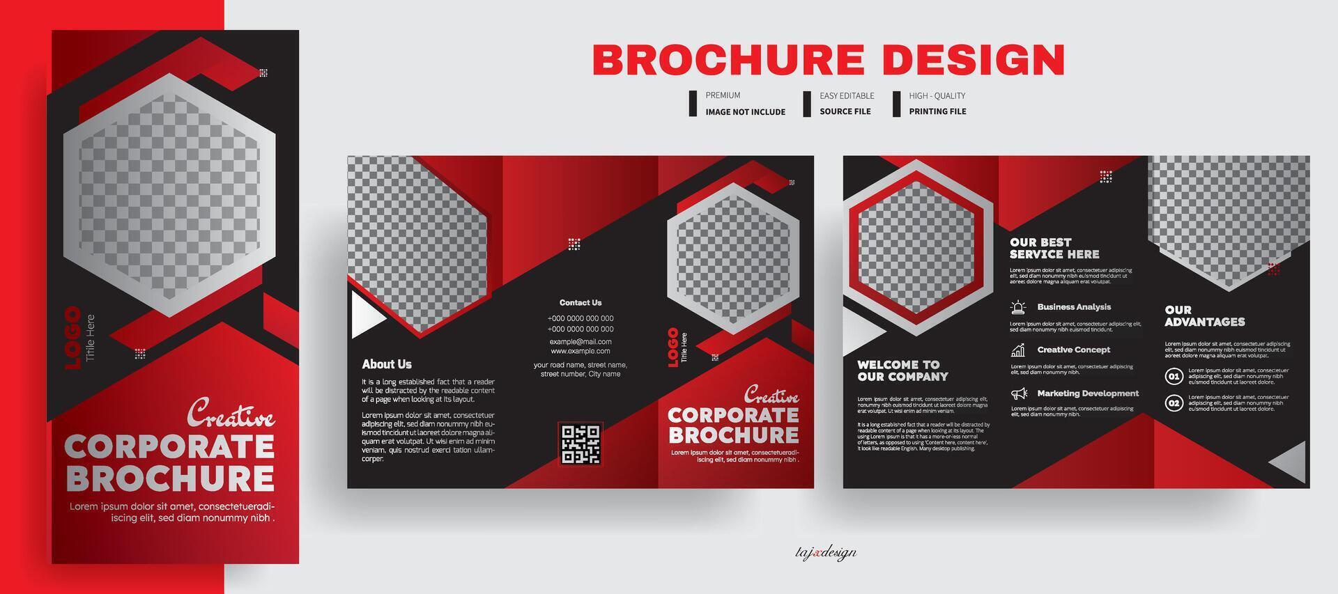 Creative Tri-fold Brochure Template, Tri fold brochure design. Corporate business template for tri fold flyer with rhombus square shapes, Creative shape business, Business Brochure Template, Red ads. vector