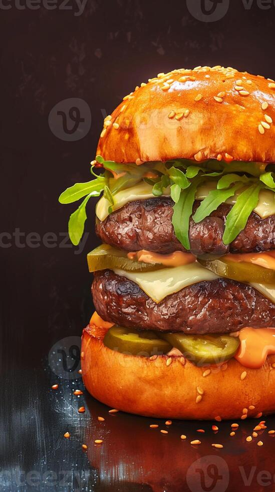 AI generated Irresistible homemade burger displayed beautifully against dark backdrop banner Vertical Mobile Wallpaper photo