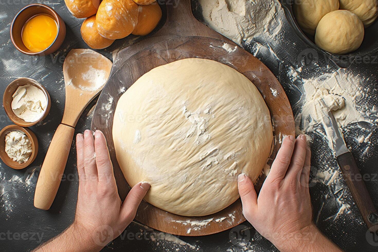 ai generado preparación de masa para Cocinando Pizza o pierogi a hogar foto