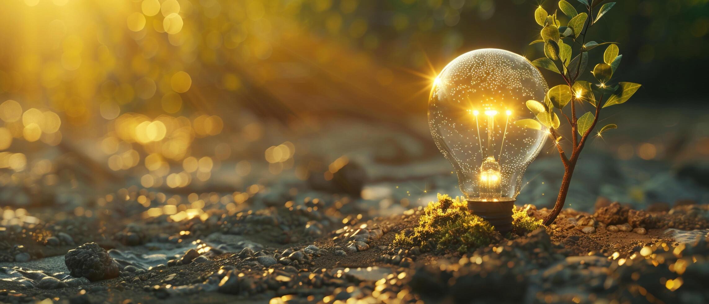 ai generado un bombilla árbol con luz de sol en suelo. concepto salvar mundo y energía fuerza. foto