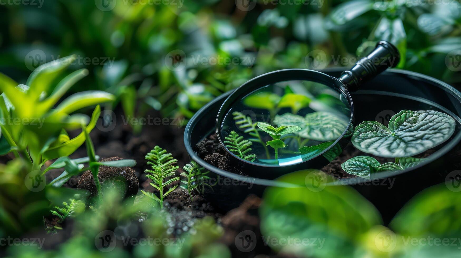 AI generated Botanist's magnifying glass and plant samples in a lush forest photo