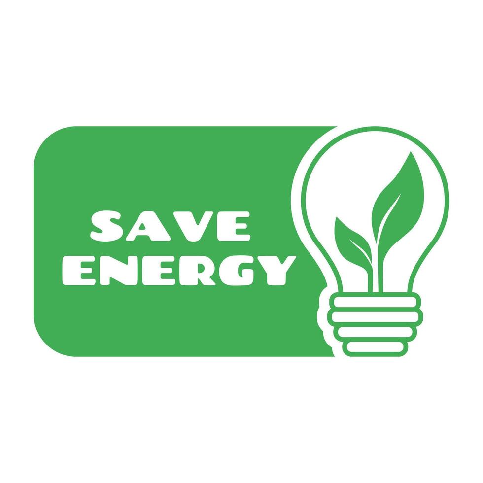 Save energy icon. Eco icon. Label with lightbulb and green leaves inside.  Vector illustration.