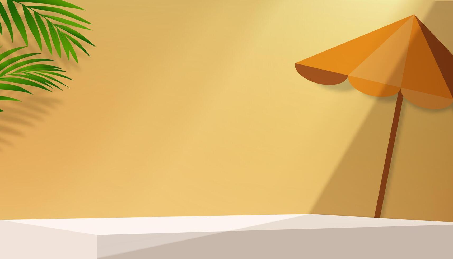 Summer background,Yellow Studio Wall Room with Sun Light,Palm Leaves Shadow,Umbrella on Podium Display for Product Present,Backdrop Empty wall for vacation holiday for Sale Promotion,Web Online Banner vector
