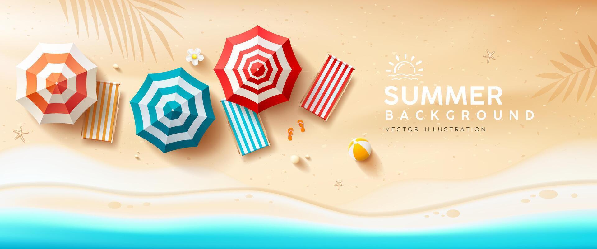 Beach umbrella and beach canvas bed, coconut leaf, summer banner design on sand beach backgeound, Eps 10 vector illustration
