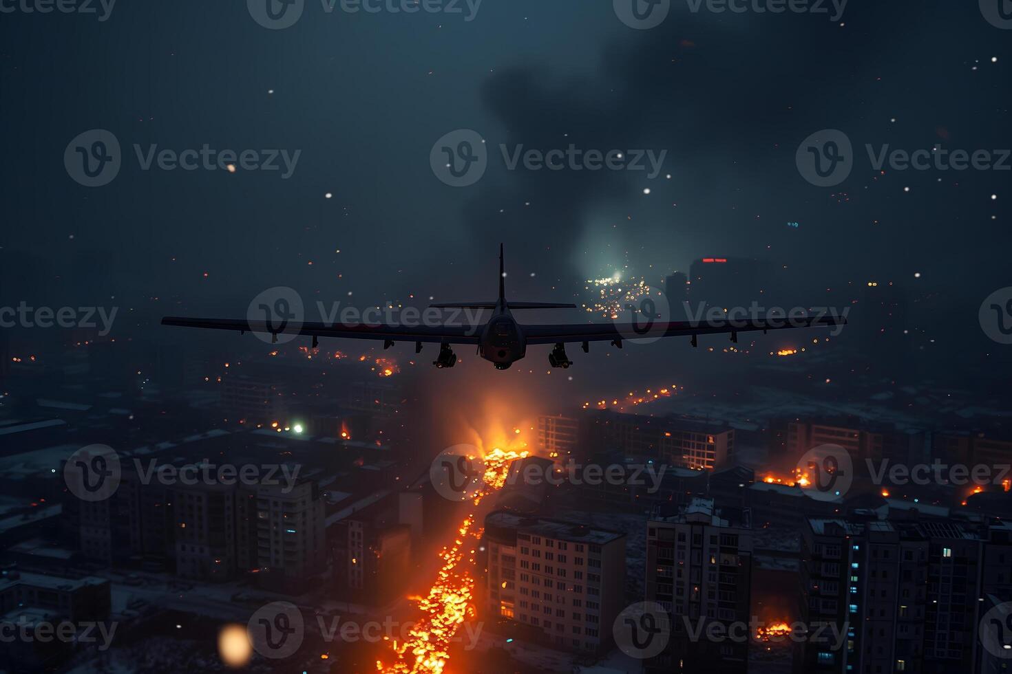 ai generado avión zumbido terminado ardiente ciudad a noche foto