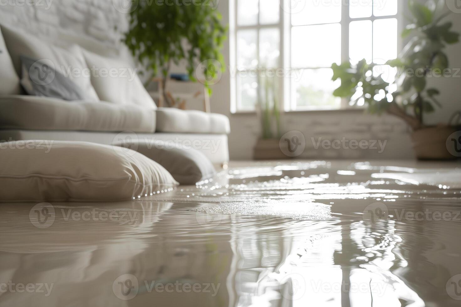 ai generado hogar piso inundado, exhibiendo agua dañar y potencial cuestiones foto