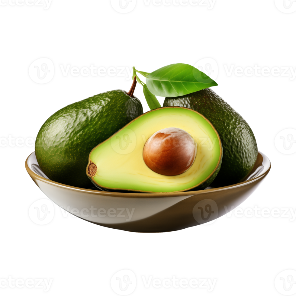 AI generated a bowl of whole and cut-in-half avocados isolated on a transparent background png