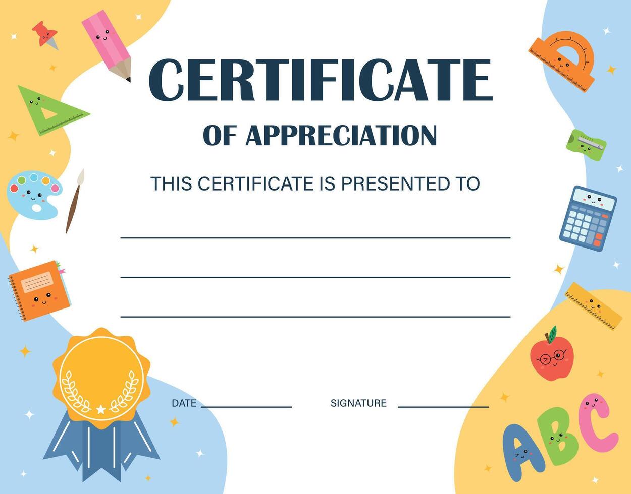 Kids Diploma background template, certificate of appreciation. Certificate of achievement in competition. For kids, children in school, preschool, playschool, kindergarten, primary grade, summer camp. vector